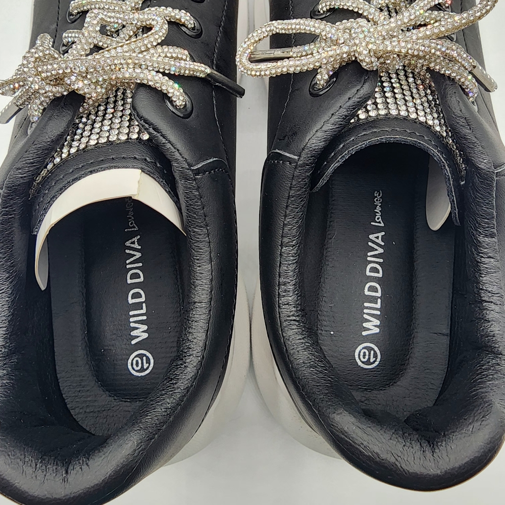 Wild Diva Black and White Women's Sneakers W/White Crystal Accents - Picture 10 of 13